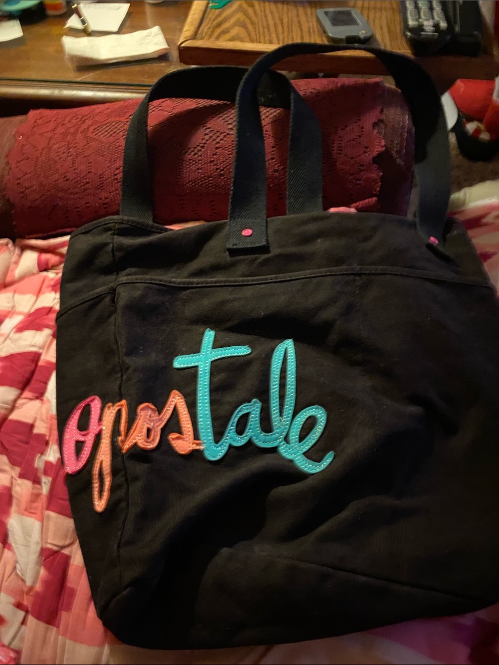 Black Canvas Tote with Colorful Script Accent 17.5x13